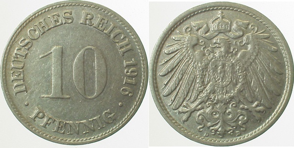 013n16D~2.0 10 Pfennig  1916D vz J 013  