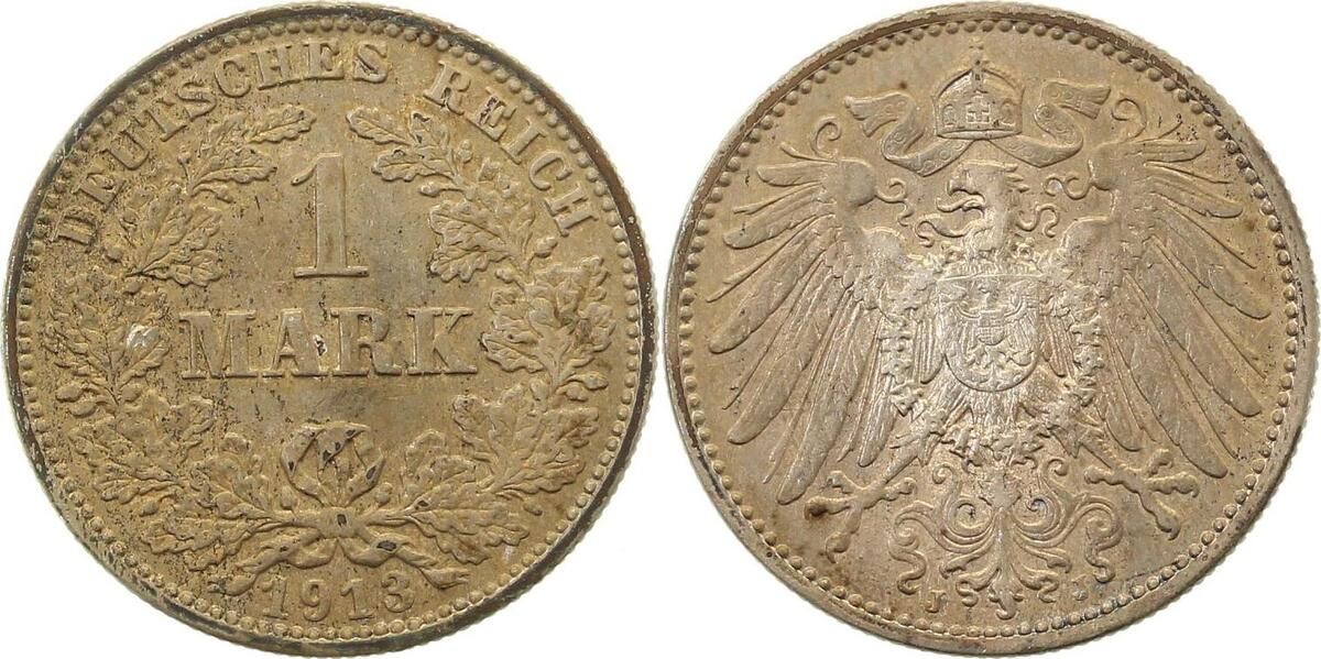 017n13J~1.8-GG-PAT 1 Mark  1913J vz+, alte silbergraue Patina J 017  