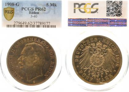 04008G~0.1-GG 5 Mark   1908G Baden PP PCGS PR62 !!! J 040  