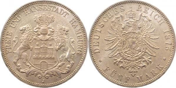 06275J~1.2b-GG 5 Mark  Hamburg 1875J f.stgl, herrliche Patina, min. Rf. J 062  