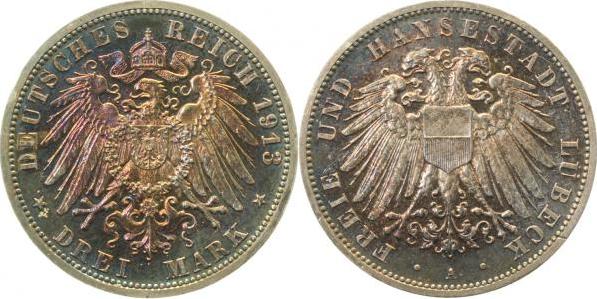 08213A-0.0-GG-PAT 3 M. Lübeck 1913A Pol. Platte proof, herrliche Patina J 082  