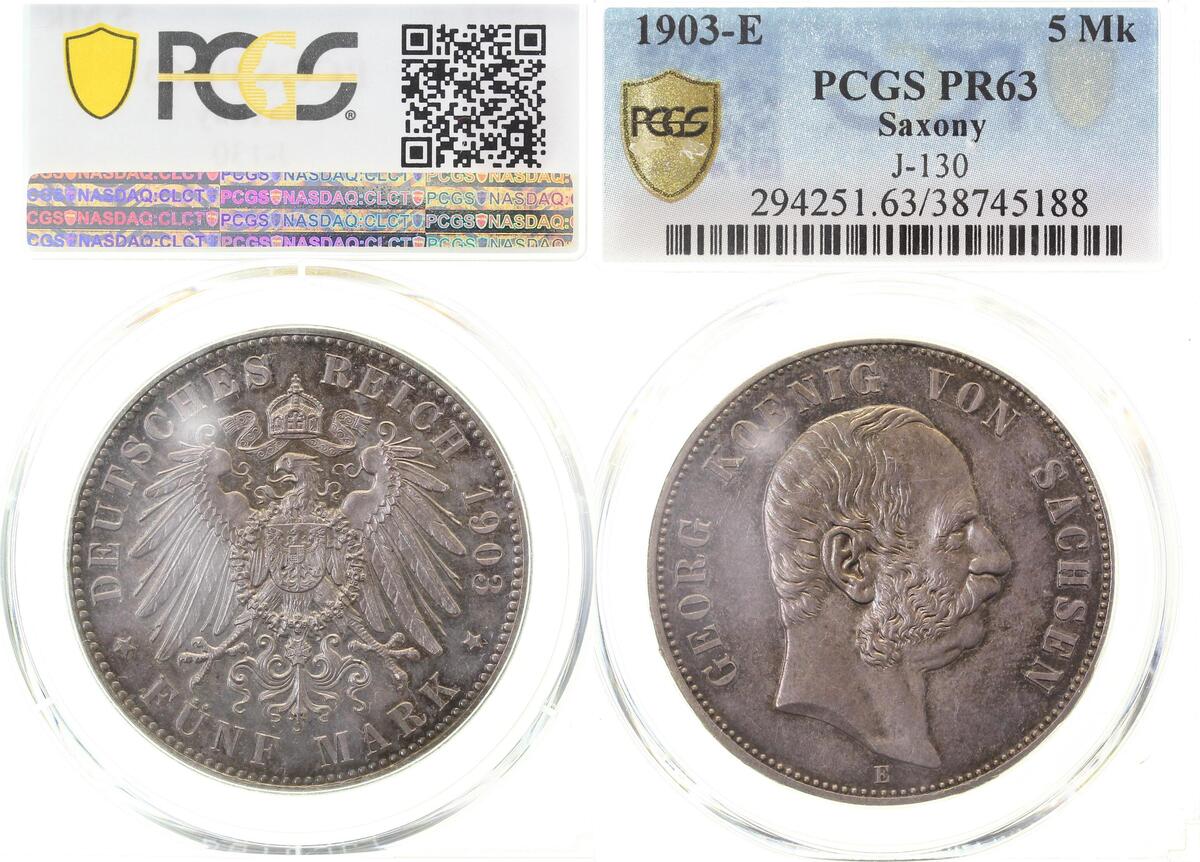 13003E~0.0-GG-PAT 5 Mark  1903E Georg v. Sachsen PP-, PCGS PR63, 38745188 J 133  