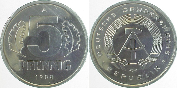150988A~1.0a 5 Pfennig  DDR 1988A spgl. J1509  