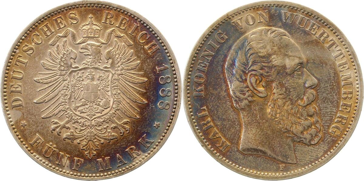17388F~2.2-GG 5 Mark  Karl v.Württemberg 1888F ss/vz - f.vz, tolle Patina J 173  