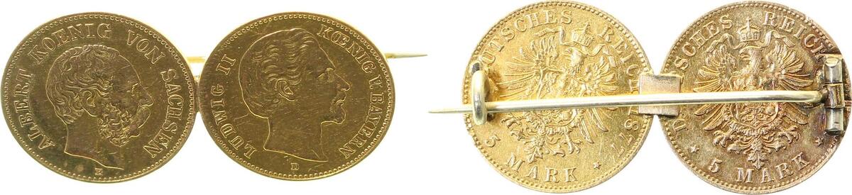 19577D~3.0-GG-B 5 M Ludwig II u. Sachsen 1877 zusammen als Broche 4,45 gr. 195-  