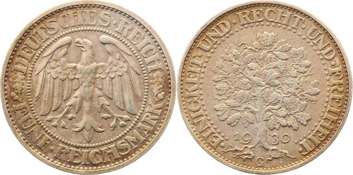 33130G~2.2-GG 5 Reichsmark  1930G Eichbaum vz- weil tlw. berieben J 331  