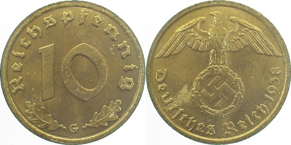 36438G~1.2a 10 Pfennig  1938G prfr sch.Patina J 364  