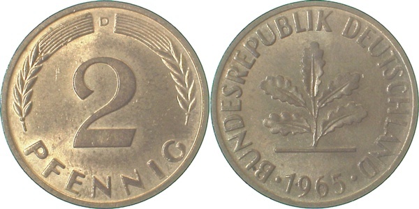 38165D~1.0b 2 Pfennig  1965D stgl RS Patina J 381  