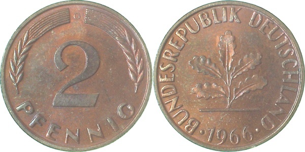 38166G~1.1b 2 Pfennig  1966G bfr/st Erstabschlag (EA)! ! Patina J 381  