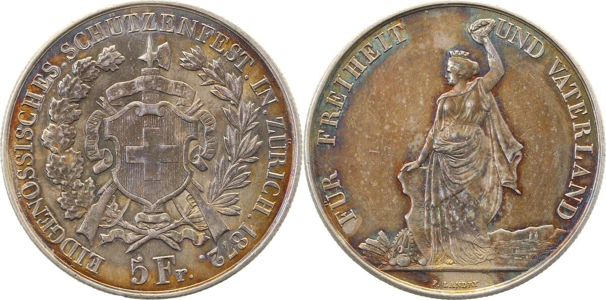 WELTM.-Ch-1872-GG Schützenth. 5 Fr. CH Zug 1872 ger.Spuren herrl. Patina prfr/stgl Schweiz  